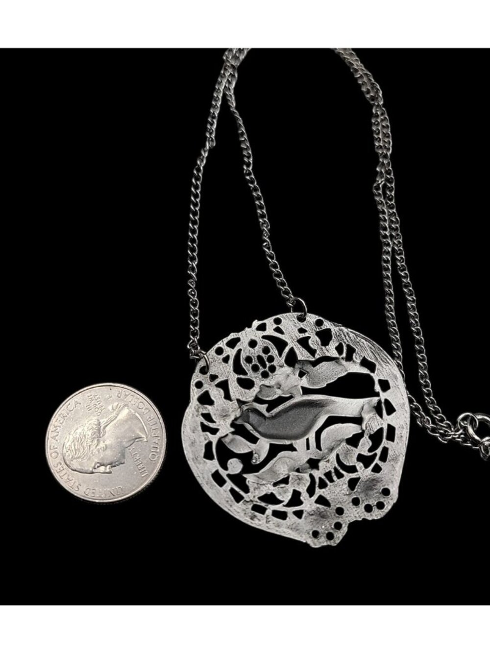 Vintage Bird Floral Pendant Silver Tone Filigree Open-Work Design 18" Chain - Picture 7 of 7